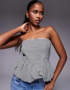 Kaiia Lace Trim Puffball Bandeau Top In Black Gingham For Women Grey Gingham -Kaiia Online Shop 207685367 1 greygingham 1