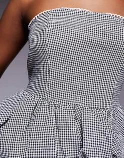 Kaiia Lace Trim Puffball Bandeau Top In Black Gingham For Women Grey Gingham -Kaiia Online Shop 207685367 3