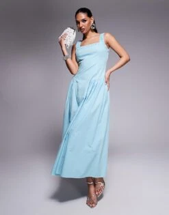Kaiia Square Neck Ruched Lace Trim Gathered Hip Detail Maxi Dress In Baby Blue For Women -Kaiia Online Shop 207685377 1 babyblue 1