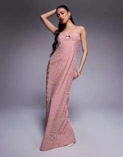 Kaiia Structured Key Hole Bust Detail Halterneck Maxi Dress In Red And White Stripe For Women Red Stripe -Kaiia Online Shop 207685397 1 redstripe 1