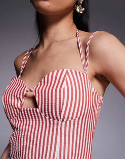 Kaiia Structured Key Hole Bust Detail Halterneck Maxi Dress In Red And White Stripe For Women Red Stripe -Kaiia Online Shop 207685397 3