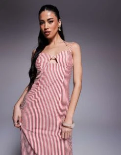 Kaiia Structured Key Hole Bust Detail Halterneck Maxi Dress In Red And White Stripe For Women Red Stripe -Kaiia Online Shop 207685397 4