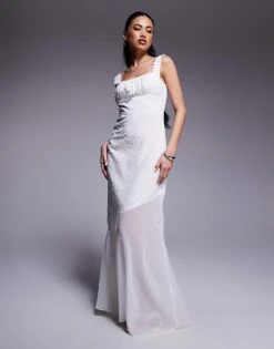 Kaiia Broderie Tie Bust Detail Asymmetric Sheer Hem Maxi Dress In White For Women -Kaiia Online Shop 207685407 1 white 1