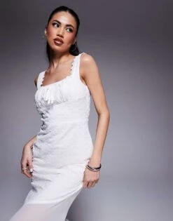 Kaiia Broderie Tie Bust Detail Asymmetric Sheer Hem Maxi Dress In White For Women -Kaiia Online Shop 207685407 4