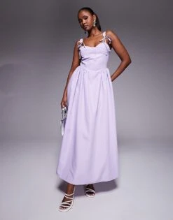 Kaiia Poplin Corset Tie Strap Detail Gathered Skirt Maxi Dress In Lilac For Women -Kaiia Online Shop 207685427 1 lilac 1