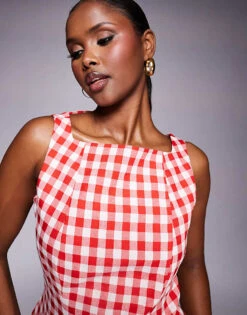 Kaiia Square High Neck Tailored Sleeveless Top In Red Gingham For Women -Kaiia Online Shop 207685437 3