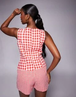 Kaiia Square High Neck Tailored Sleeveless Top In Red Gingham For Women -Kaiia Online Shop 207685437 4
