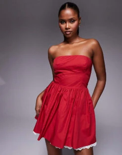 Kaiia Poplin Bandeau Contrast Lace Hem Mini Skater Dress In Red And White For Women