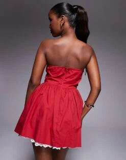 Kaiia Poplin Bandeau Contrast Lace Hem Mini Skater Dress In Red And White For Women -Kaiia Online Shop 207685447 4