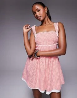 Kaiia Bow Lace Trim Detail Square Neck Mini Skater Dress In Red Gingham For Women -Kaiia Online Shop 207685467 1 redgingham 1