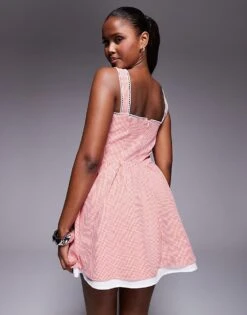 Kaiia Bow Lace Trim Detail Square Neck Mini Skater Dress In Red Gingham For Women -Kaiia Online Shop 207685467 3