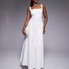 Kaiia Poplin Square Neck Ruffle Waist Maxi Dress In White For Women -Kaiia Online Shop 207685477 1 white