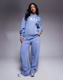 Kaiia Embroidered Logo T-shirt, Zip Through Hoodie, Hoodie And Wide Leg Joggers Co-ord In Light Blue -Kaiia Online Shop 207685609 1 blue