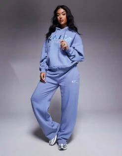 Kaiia Embroidered Logo T-shirt, Zip Through Hoodie, Hoodie And Wide Leg Joggers Co-ord In Light Blue