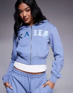 Kaiia Embroidered Logo T-shirt, Zip Through Hoodie, Hoodie And Wide Leg Joggers Co-ord In Light Blue -Kaiia Online Shop 207685729 1 blue