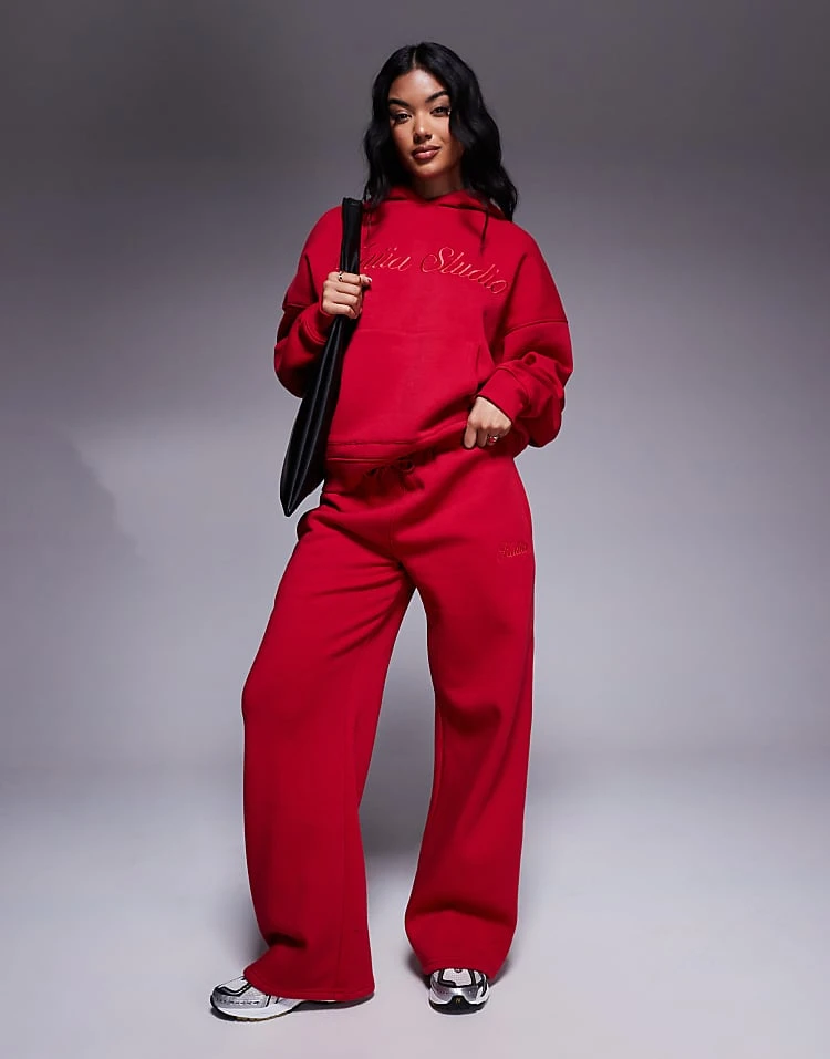 Kaiia Embroidered Script Logo Hoodie And Wide Leg Joggers Co-ord In Red 3 Kaiia Embroidered Script Logo Hoodie And Wide Leg Joggers Co-ord In Red