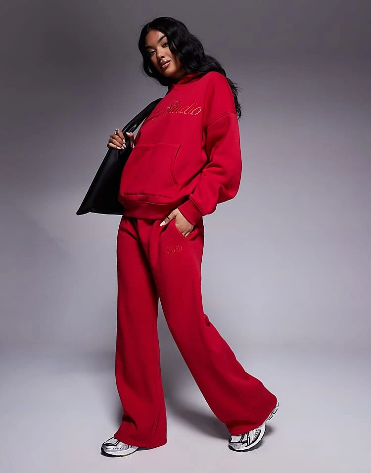 Kaiia Embroidered Script Logo Hoodie And Wide Leg Joggers Co-ord In Red 5 Kaiia Embroidered Script Logo Hoodie And Wide Leg Joggers Co-ord In Red - Image 3