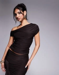 Kaiia Asymmetric Slinky Off Shoulder Top & Drape Detail Maxi Skirt Co-ord In Chocolate -Kaiia Online Shop 207708676 1 chocolate