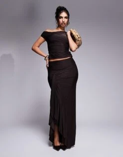 Kaiia Asymmetric Slinky Off Shoulder Top & Drape Detail Maxi Skirt Co-ord In Chocolate