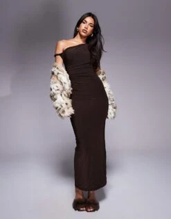 Kaiia Slinky Bodycon Off Shoulder Twist Strap Maxi Dress In Chocolate Brown For Women -Kaiia Online Shop 207708706 1 chocolate 1