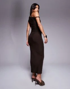 Kaiia Slinky Bodycon Off Shoulder Twist Strap Maxi Dress In Chocolate Brown For Women -Kaiia Online Shop 207708706 3