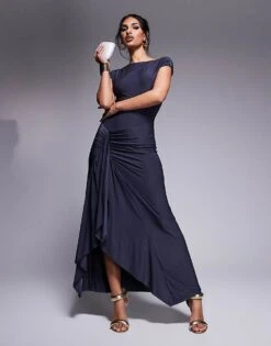 Kaiia Slinky Cap Sleeve Side Split Drape Detail Maxi Dress In Charcoal For Women -Kaiia Online Shop 207708747 1 charcoal 1