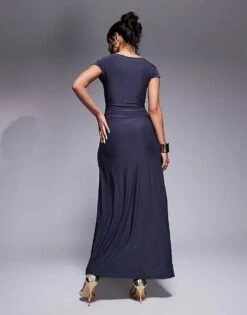 Kaiia Slinky Cap Sleeve Side Split Drape Detail Maxi Dress In Charcoal For Women -Kaiia Online Shop 207708747 3