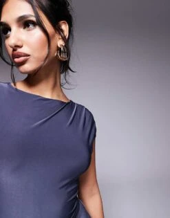 Kaiia Slinky Cap Sleeve Side Split Drape Detail Maxi Dress In Charcoal For Women -Kaiia Online Shop 207708747 4