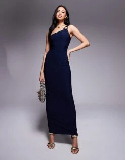 Kaiia Slinky One Shoulder Metal Ring Detail Maxi Dress In Navy For Women -Kaiia Online Shop 207708751 1 navy 1