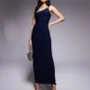 Kaiia Slinky One Shoulder Metal Ring Detail Maxi Dress In Navy For Women -Kaiia Online Shop 207708751 1 navy
