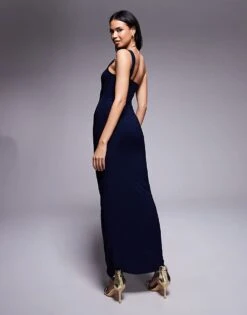 Kaiia Slinky One Shoulder Metal Ring Detail Maxi Dress In Navy For Women -Kaiia Online Shop 207708751 3