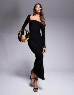Kaiia Slinky Bandeau Maxi Dress With Long Sleeve Shrug In Black For Women
