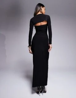 Kaiia Slinky Bandeau Maxi Dress With Long Sleeve Shrug In Black For Women -Kaiia Online Shop 207708779 4
