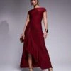 Kaiia Slinky Cap Sleeve Side Split Drape Detail Maxi Dress In Burgundy For Women -Kaiia Online Shop 207708839 1 burgundy