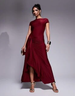 Kaiia Slinky Cap Sleeve Side Split Drape Detail Maxi Dress In Burgundy For Women