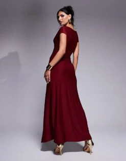 Kaiia Slinky Cap Sleeve Side Split Drape Detail Maxi Dress In Burgundy For Women -Kaiia Online Shop 207708839 3
