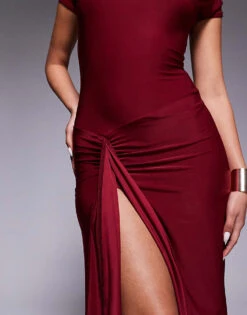 Kaiia Slinky Cap Sleeve Side Split Drape Detail Maxi Dress In Burgundy For Women -Kaiia Online Shop 207708839 4