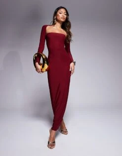 Kaiia Slinky Bandeau Maxi Dress With Long Sleeve Shrug In Burgundy For Women -Kaiia Online Shop 207708911 1 burgundy 1