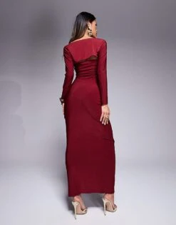 Kaiia Slinky Bandeau Maxi Dress With Long Sleeve Shrug In Burgundy For Women -Kaiia Online Shop 207708911 4