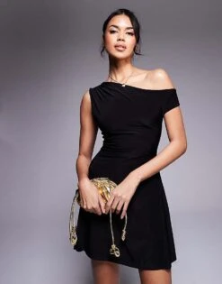 Kaiia Slinky Off Shoulder Drape Detail Fitted Waist Mini Skater Dress In Black For Women -Kaiia Online Shop 207708931 1 black 1