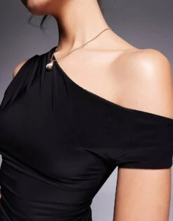 Kaiia Slinky Off Shoulder Drape Detail Fitted Waist Mini Skater Dress In Black For Women -Kaiia Online Shop 207708931 3