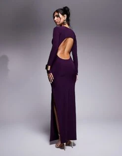 Kaiia Slinky Long Sleeve Open Back Side Split Maxi Dress In Purple For Women -Kaiia Online Shop 207708953 1 purple 1