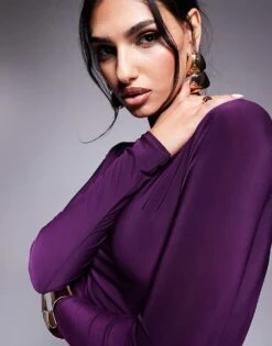 Kaiia Slinky Long Sleeve Open Back Side Split Maxi Dress In Purple For Women -Kaiia Online Shop 207708953 4