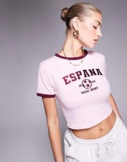 Kaiia Sport Contrast Trim Espana Baby Tee Co-ord In Pink And Burgundy For Women Baby Pink -Kaiia Online Shop 207846366 1 babypink 1