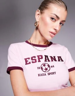 Kaiia Sport Contrast Trim Espana Baby Tee Co-ord In Pink And Burgundy For Women Baby Pink -Kaiia Online Shop 207846366 4