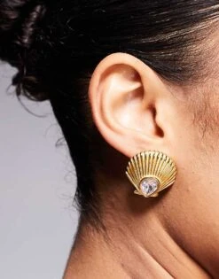 Kaiia Stainless Steel Diamante Shell Stud Earrings In Gold For Women -Kaiia Online Shop 207899448 1 gold 1