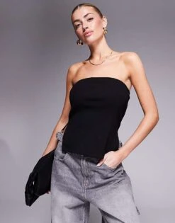 Kaiia Ribbed Bandeau Side Split Top In Black For Women -Kaiia Online Shop 207959820 1 black 1