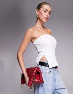 Kaiia Ribbed Bandeau Side Split Top In White For Women