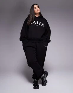Kaiia Plus Overized Hoodie, Cuffed Joggers, Wide Leg Joggers & Shorts Mix & Match In Black