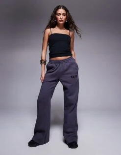 Kaiia Petite Embroidered Logo Wide Leg Joggers In Charcoal For Women -Kaiia Online Shop 207999041 1 charcoal 1